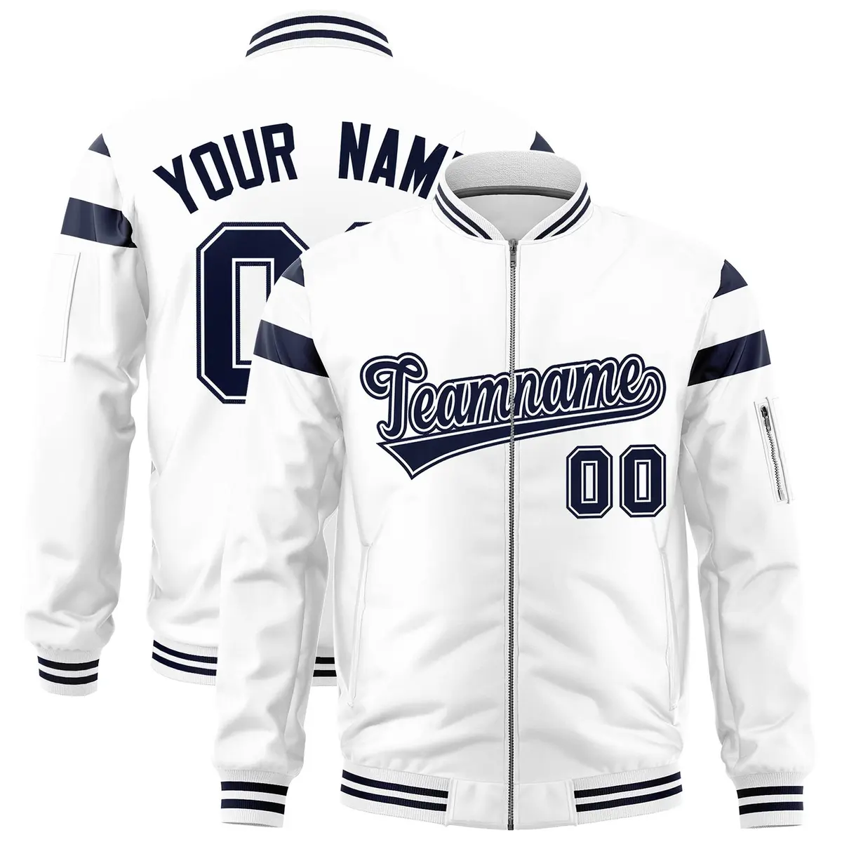 White Navy Shoulder Color Block Varsity Letterman Bomber Jacket