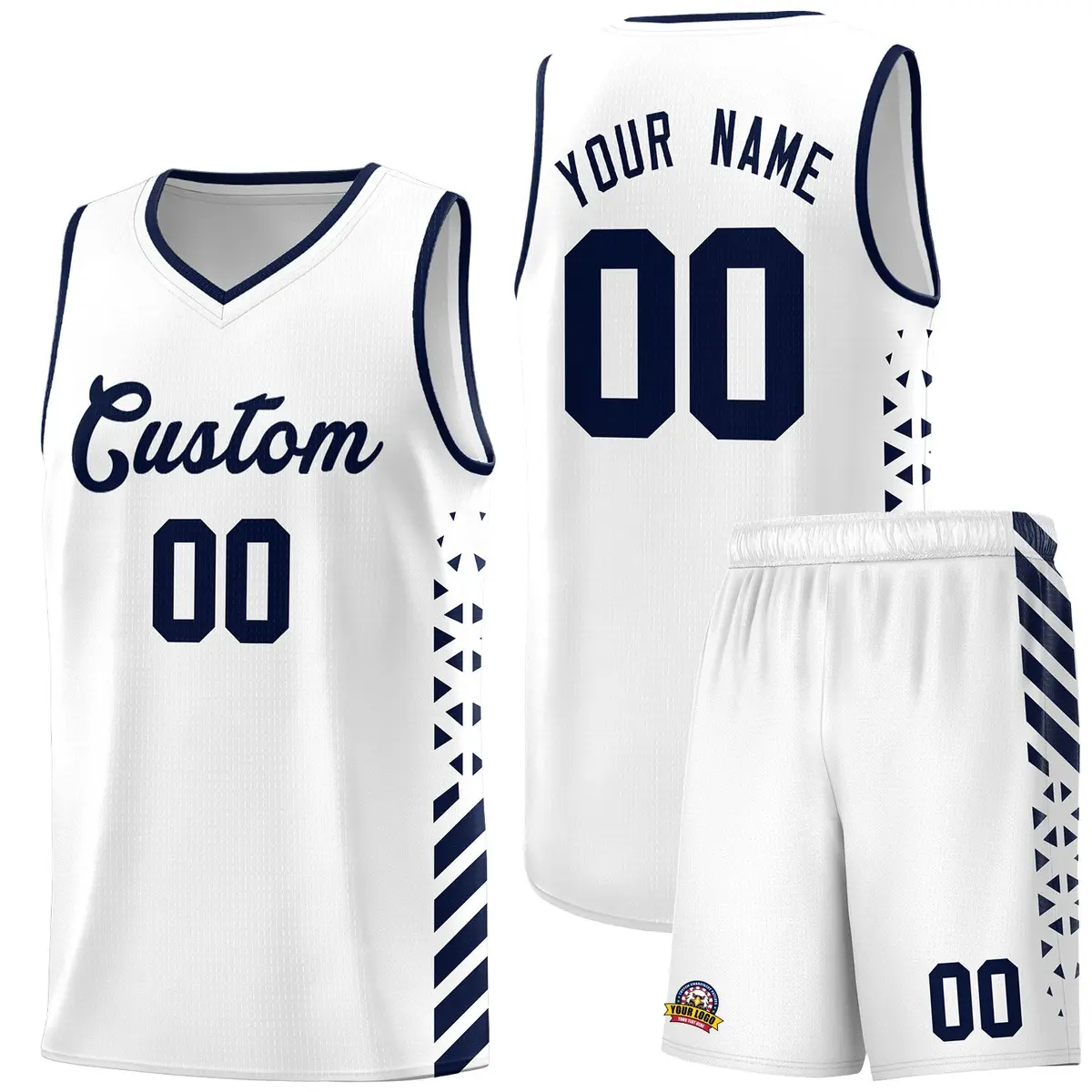 White Navy Side Diamond Shapes Striped Basketball Jersey