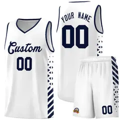 White Navy Side Diamond Shapes Striped Basketball Jersey