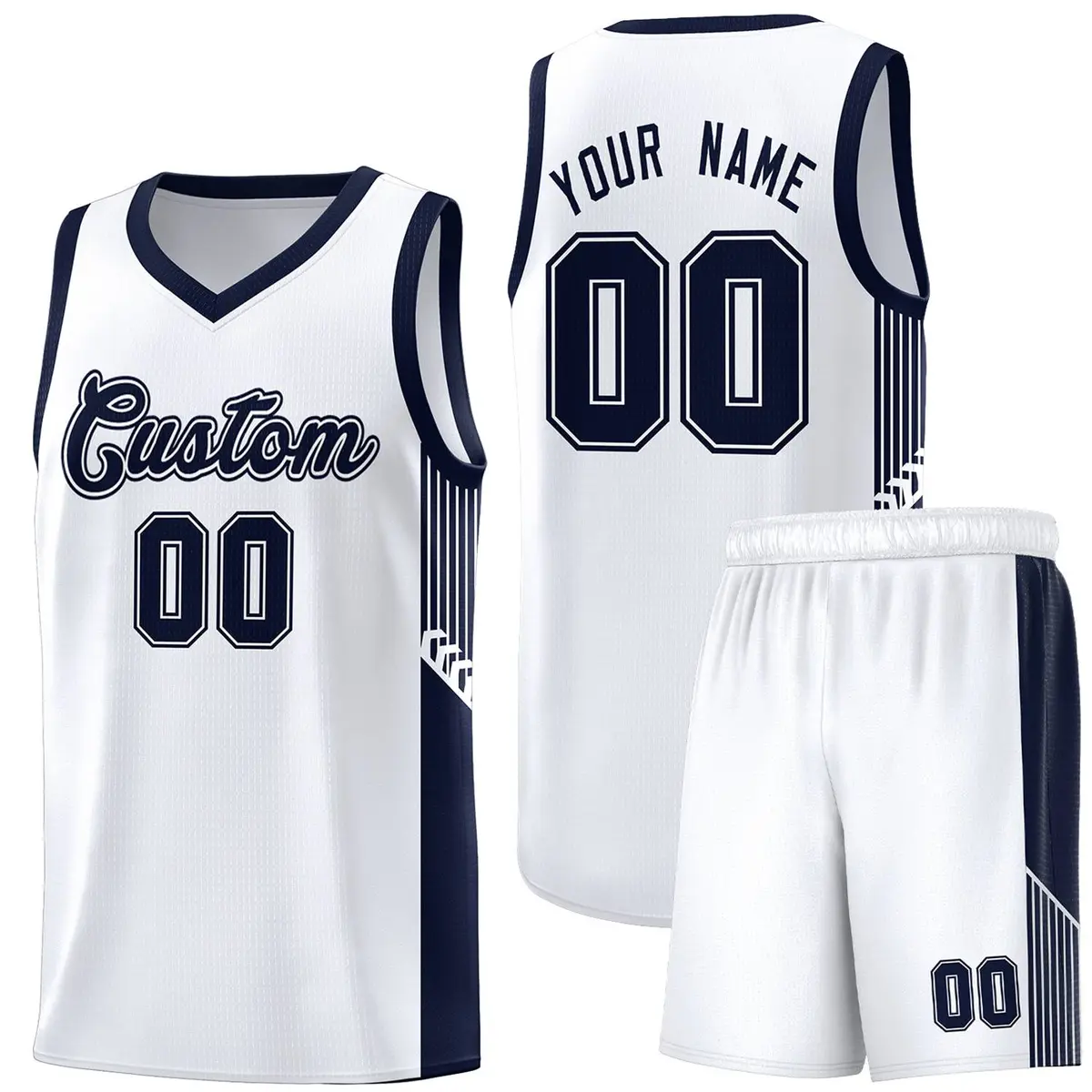 White Navy Side Stripe Fashion Basketball Uniform Jersey
