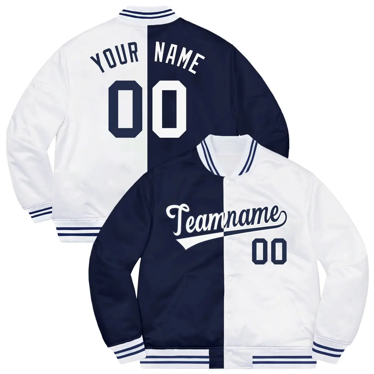 White Navy Split Two Tone Letterman Varsity Bomber Jacket