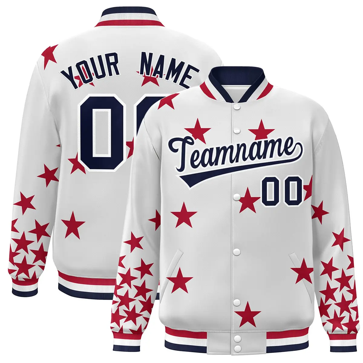 White Navy Star Graffiti Varsity Full-Snap Bomber Jacket