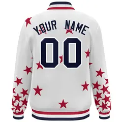White Navy Star Graffiti Varsity Full-Snap Bomber Jacket 4