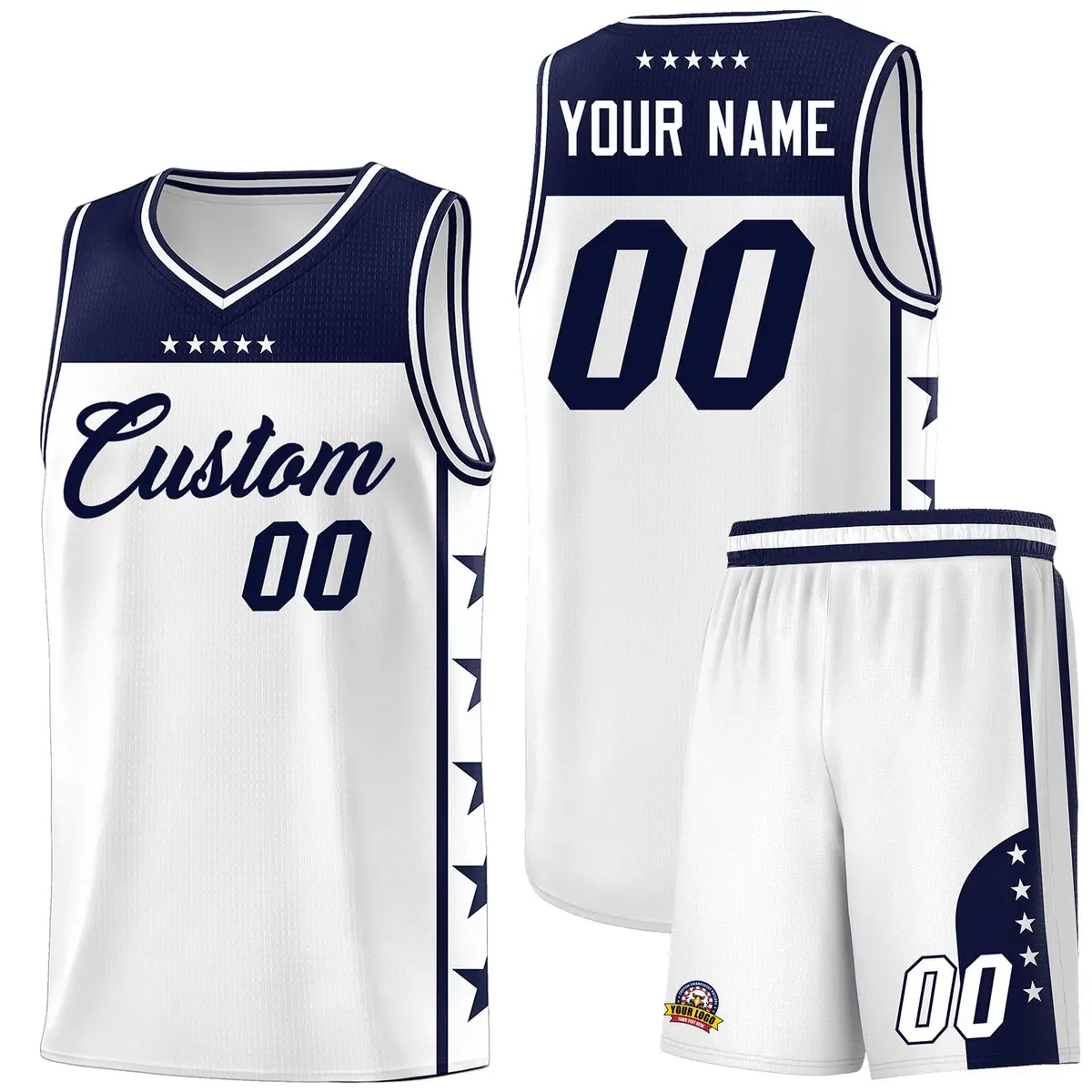White Navy Star Pattern Sports Basketball Jersey