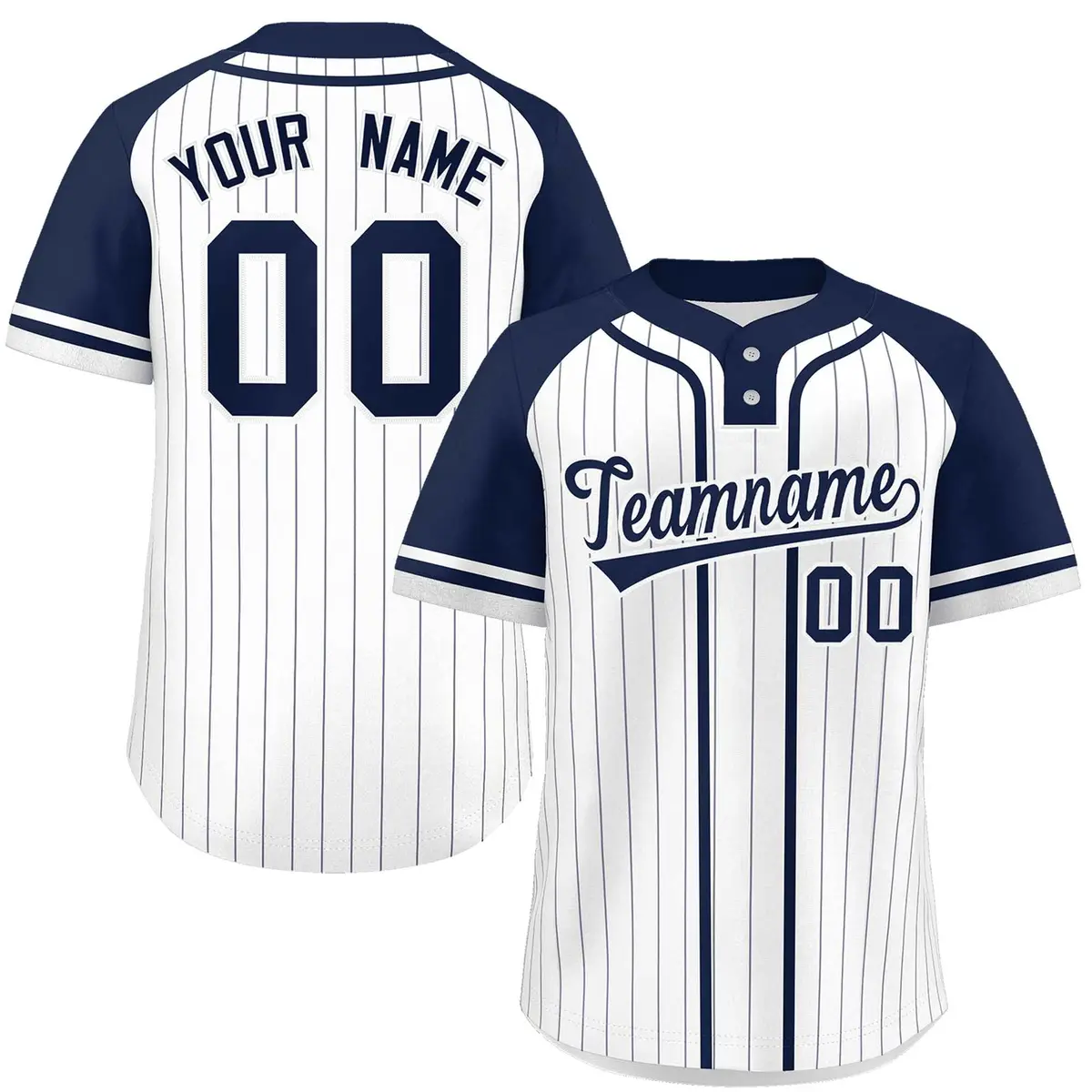 White Navy Stripe Raglan Sleeves Two-Button Softball Jersey