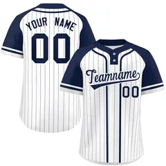 White Navy Stripe Raglan Sleeves Two-Button Softball Jersey 1