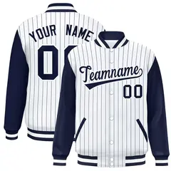 White Navy Stripe Raglan Varsity Bomber Jacket 1
