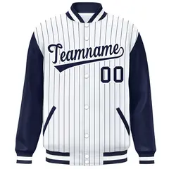 White Navy Stripe Raglan Varsity Bomber Jacket 3