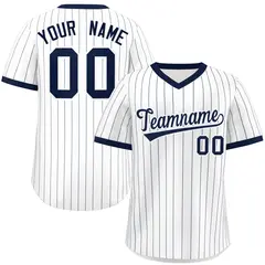 White Navy Striped Pullover Baseball Jersey