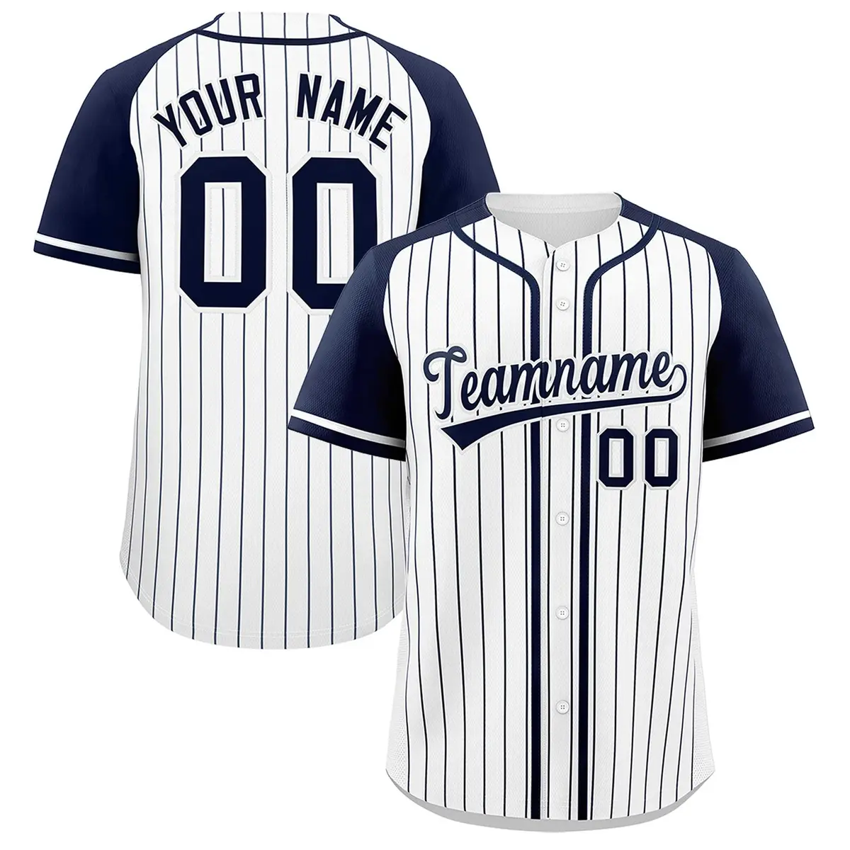 White Navy Striped Raglan Sleeves Baseball Jersey