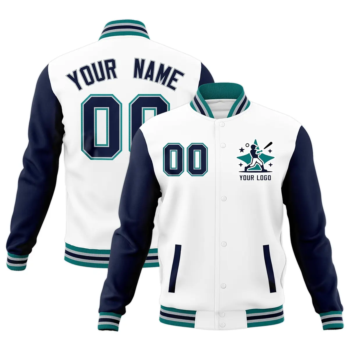 White Navy Teal Raglan Sleeves Full-Snap Letterman Cotton Jacket