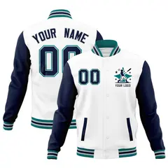 White Navy Teal Raglan Sleeves Full-Snap Letterman Cotton Jacket 1