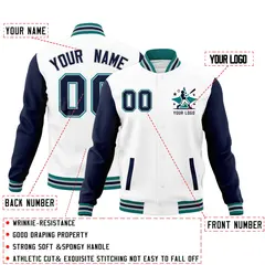 White Navy Teal Raglan Sleeves Full-Snap Letterman Cotton Jacket 2