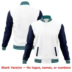 White Navy Teal Raglan Sleeves Full-Snap Letterman Cotton Jacket 6