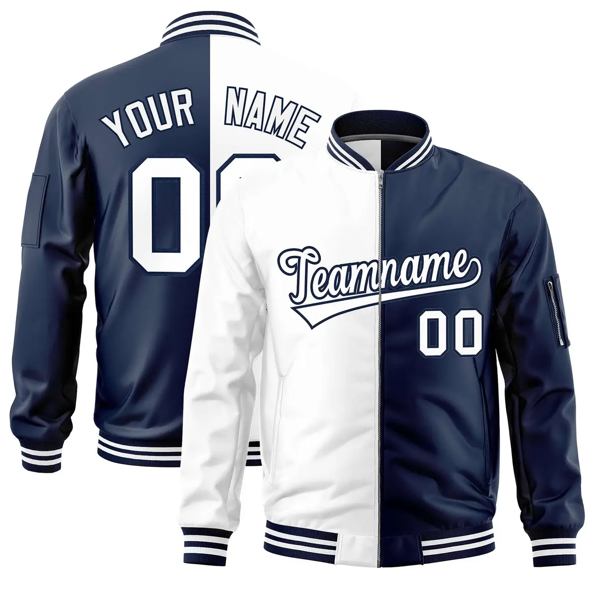 White Navy Two Tone Full-Zip Varsity Letterman Bomber Jacket