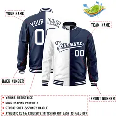 White Navy Two Tone Full-Zip Varsity Letterman Bomber Jacket 2