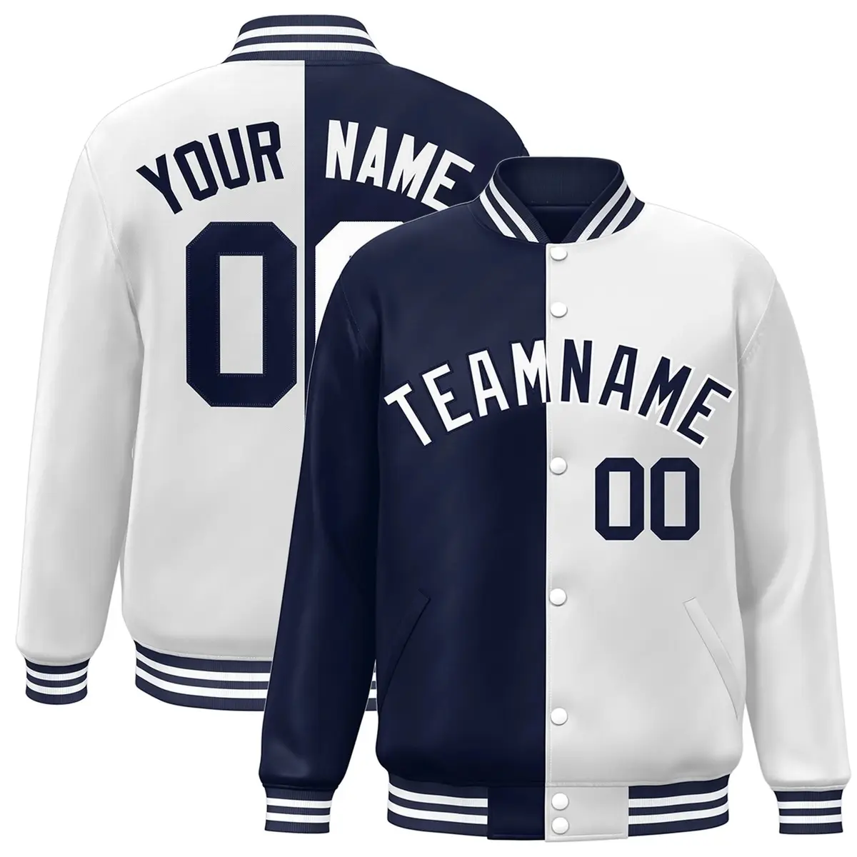 White Navy Two Tone Split Varsity Full-Snap Letterman Jacket