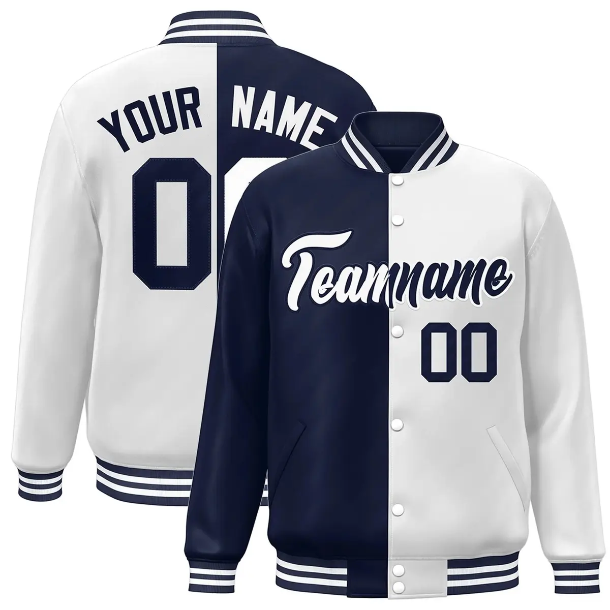 White Navy Two Tone Split Varsity Full-Snap Letterman Jacket