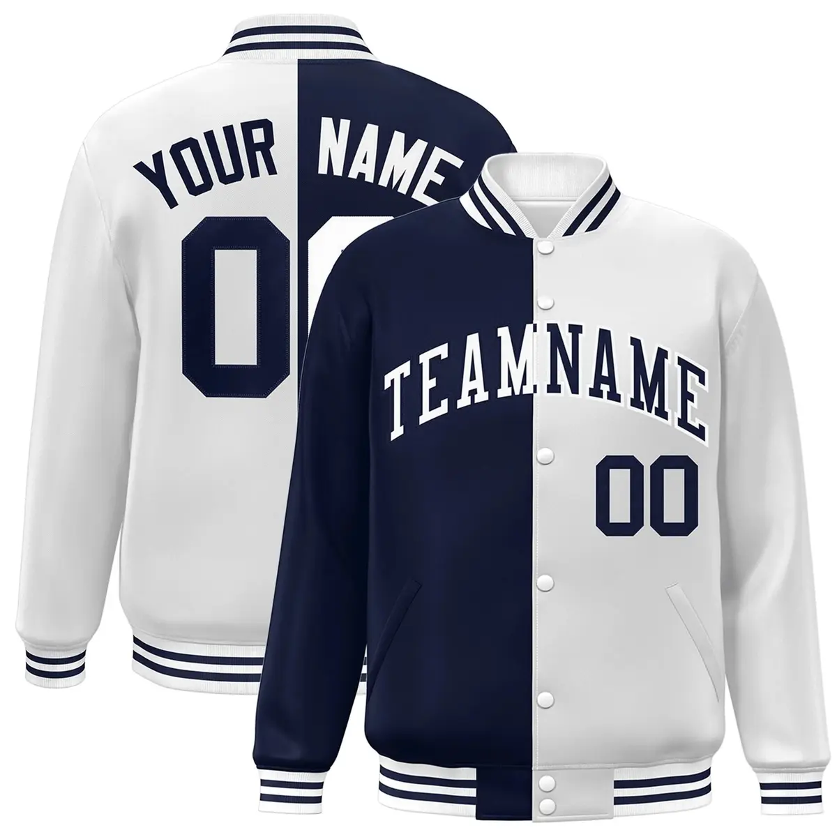 White Navy Two Tone Split Varsity Full-Snap Letterman Jacket