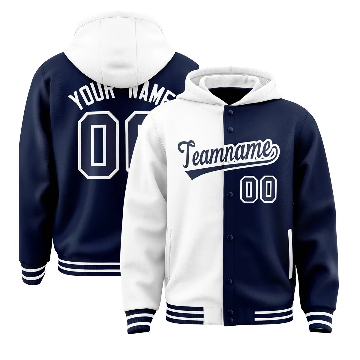 White Navy Two Tone Split Varsity Letterman Hoodie Jacket