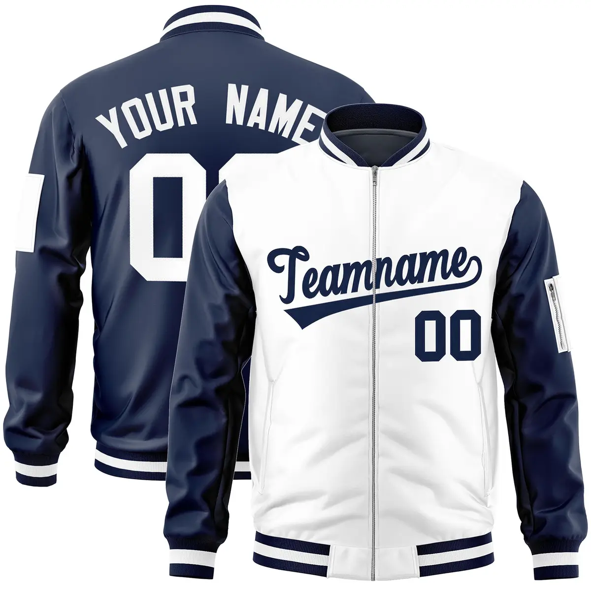 White Navy Two-Tone Varsity Letterman Bomber Jacket