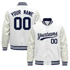 White Navy Varsity Jacket with Faux Leather Sleeves 1