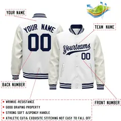 White Navy Varsity Jacket with Faux Leather Sleeves 2