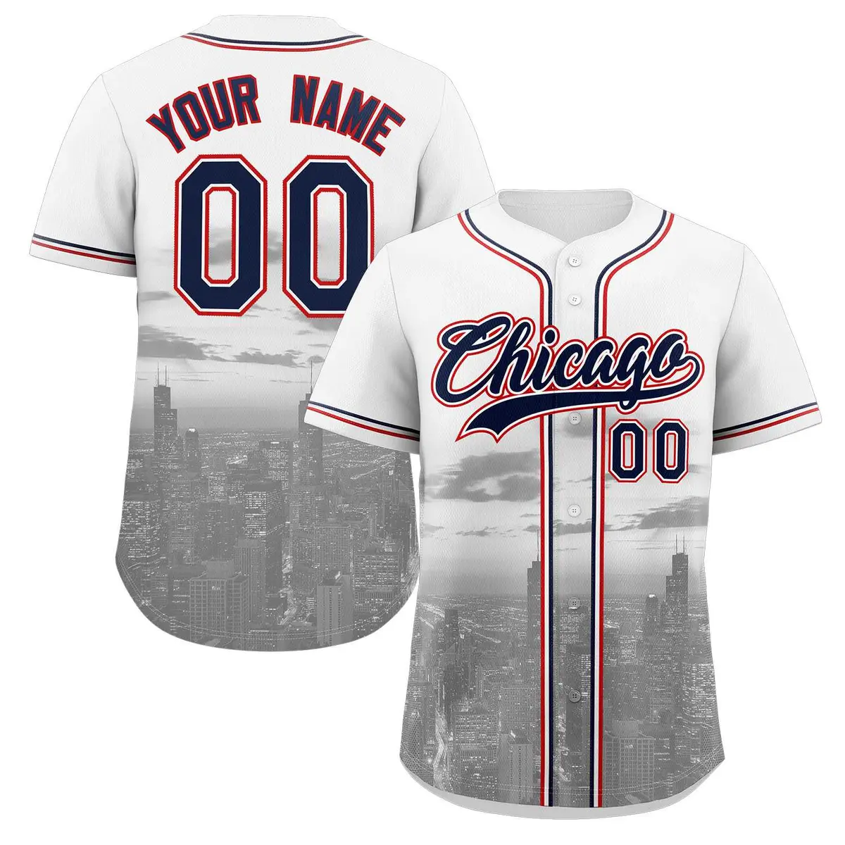 White Navy-White Chicago City Skyline Baseball Jersey