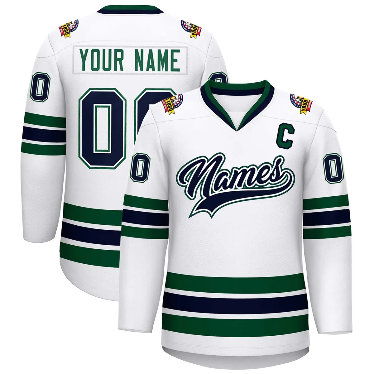 White Navy White-Green Classic Style Hockey Jersey