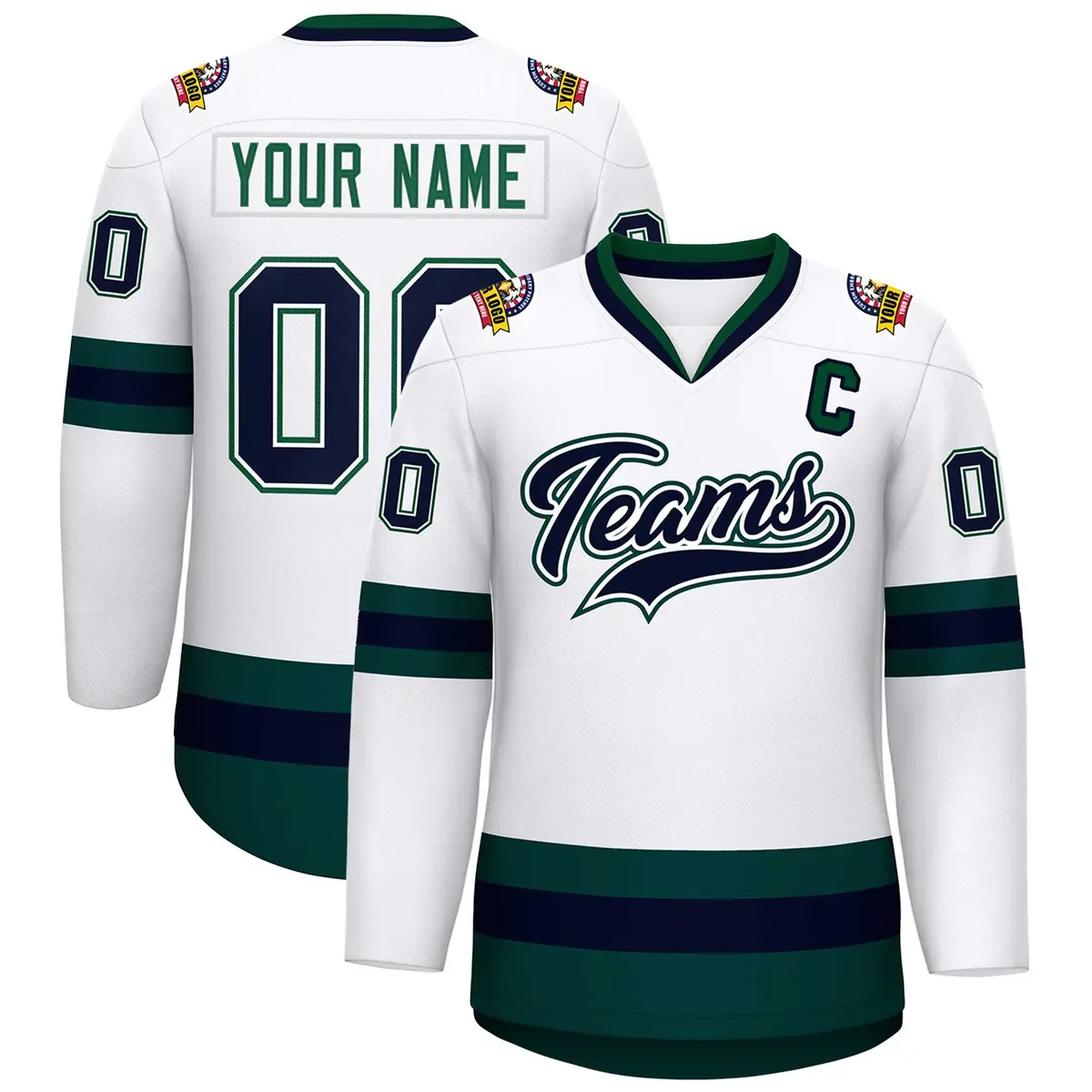 White Navy White-Green Classic Style Hockey Jersey