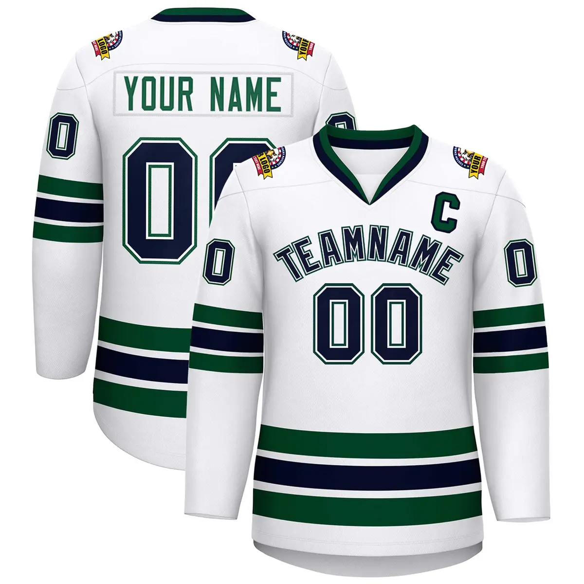 White Navy White-Green Classic Style Hockey Jersey