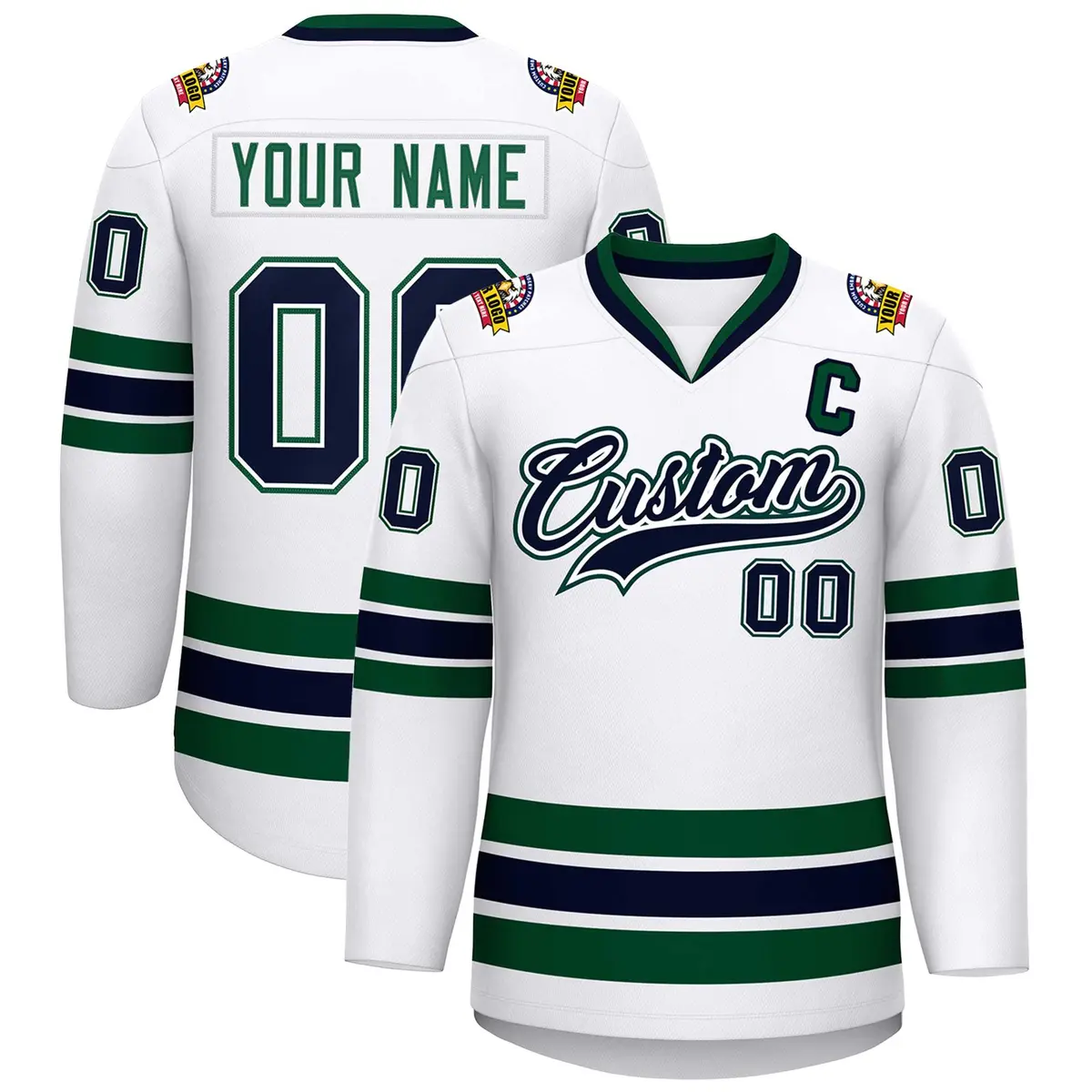 White Navy White-Green Classic Style Hockey Jersey