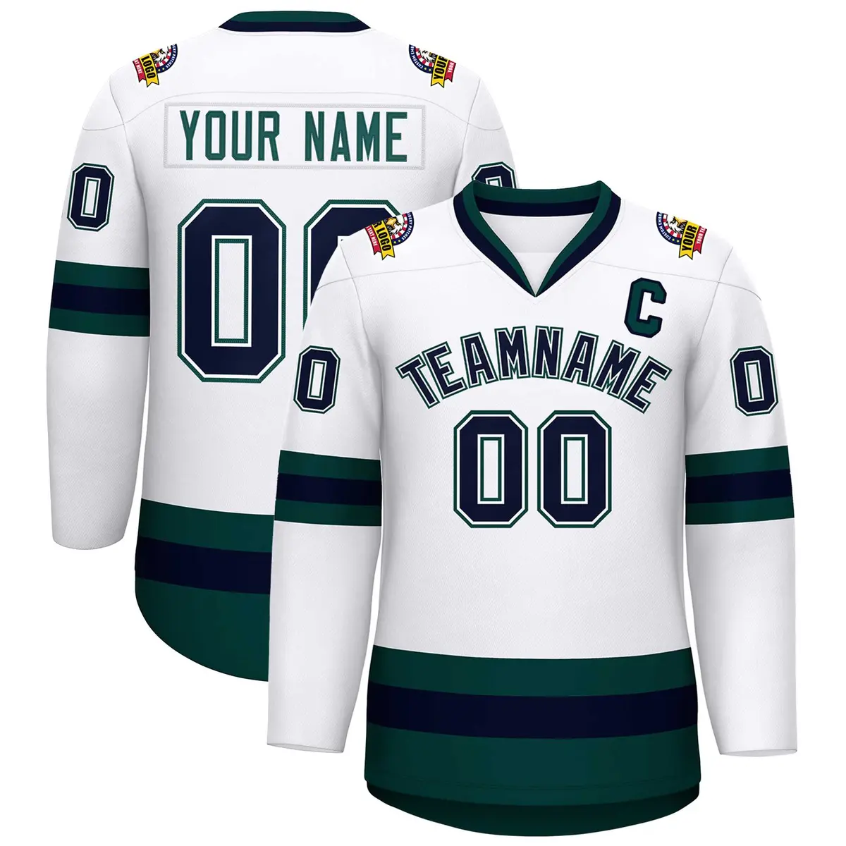 White Navy White-Midnight Green Classic Hockey Jersey