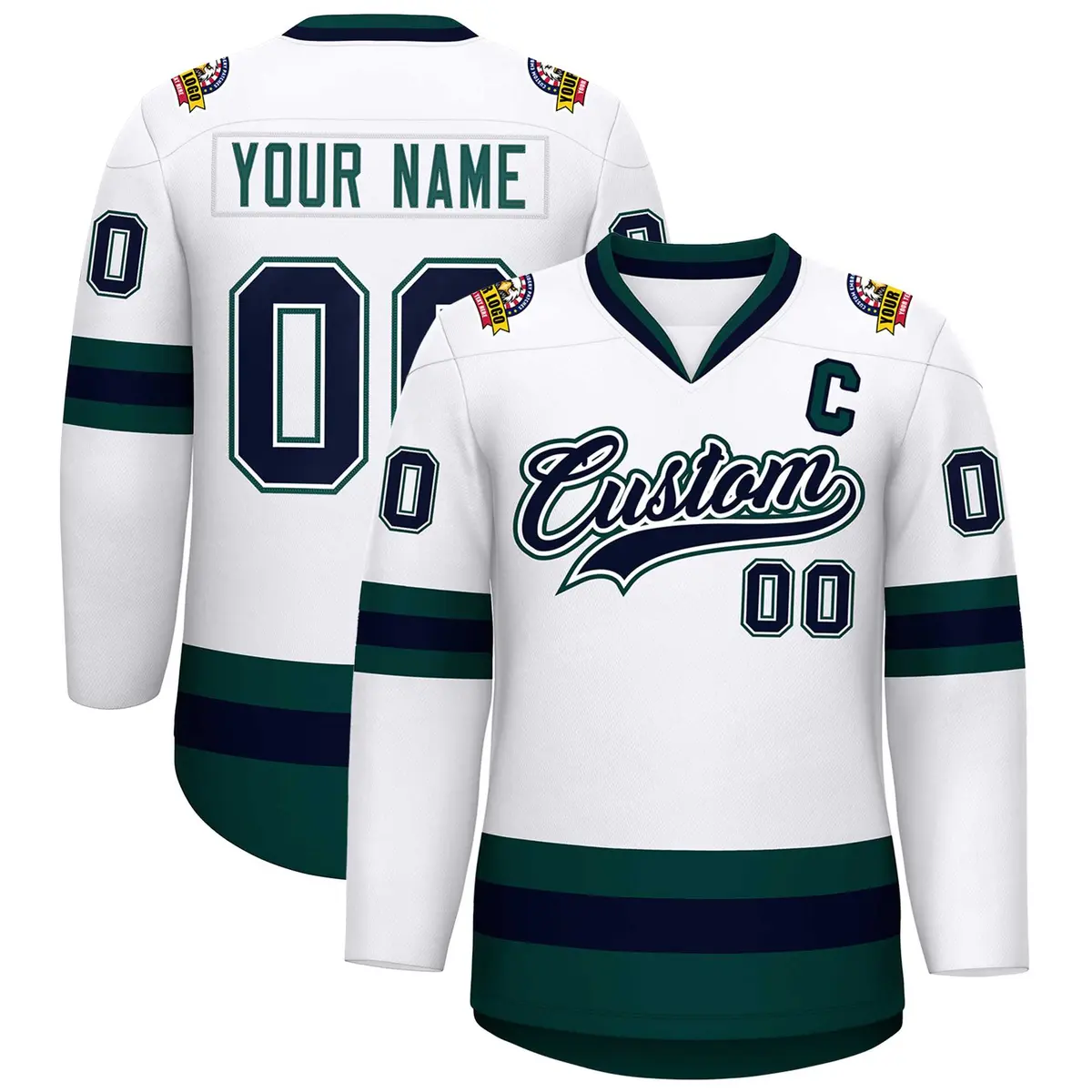 White Navy White-Midnight Green Classic Hockey Jersey