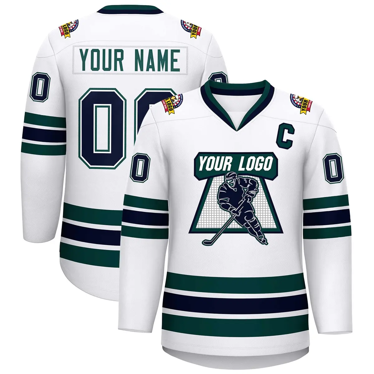 White Navy White-Midnight Green Classic Hockey Jersey