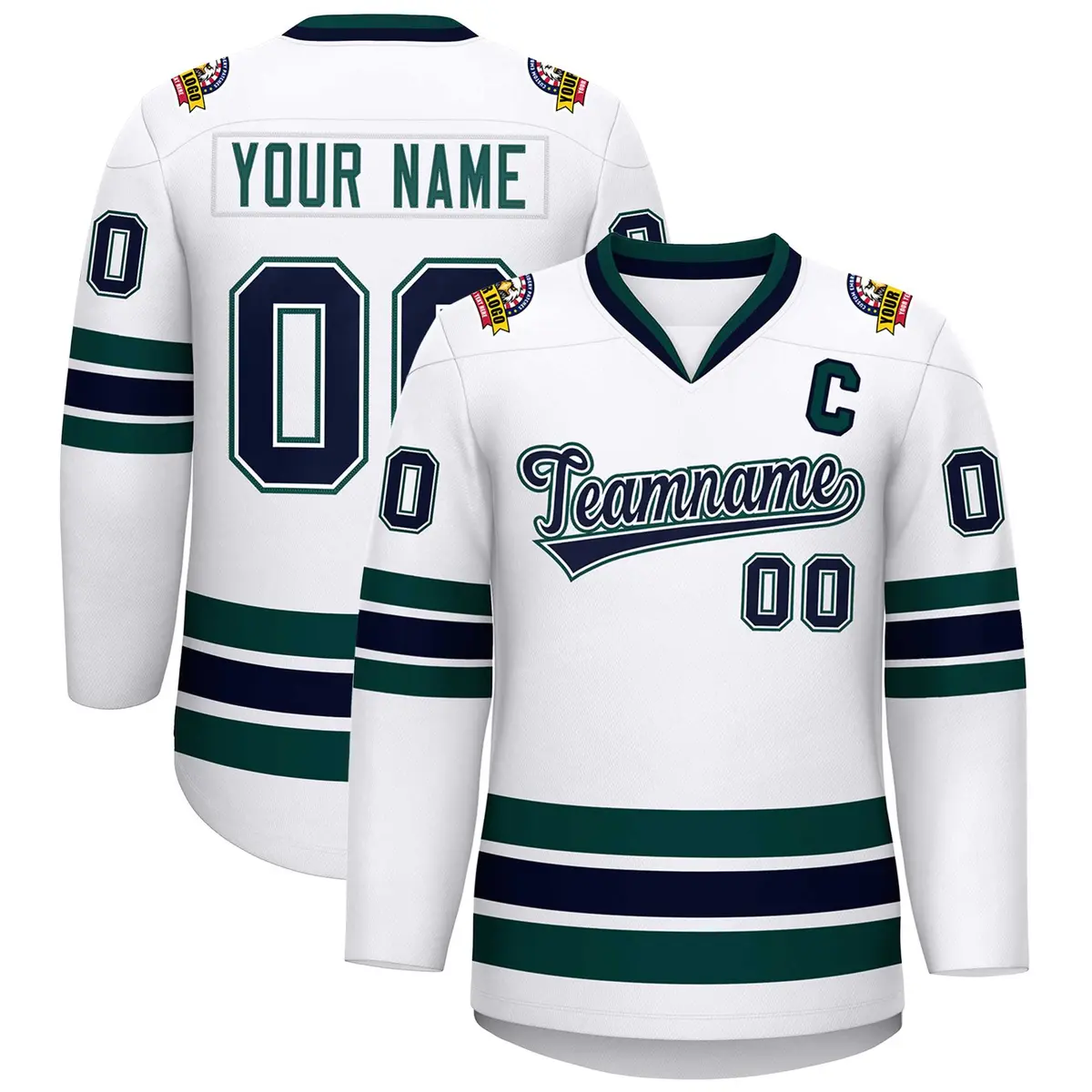 White Navy White-Midnight Green Classic Hockey Jersey