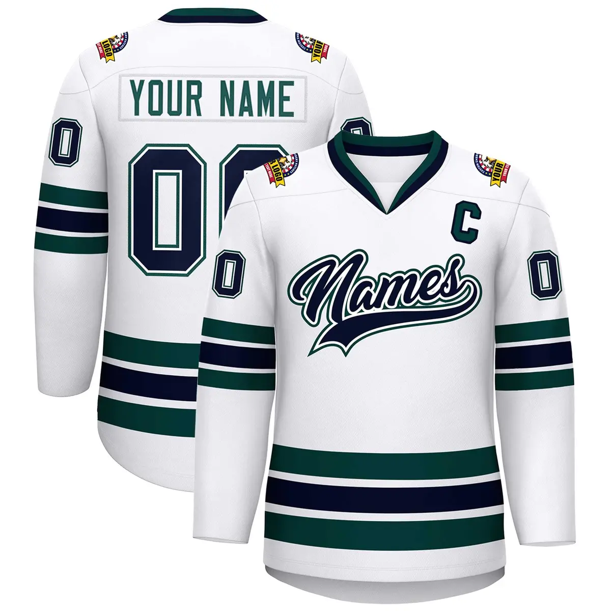 White Navy White-Midnight Green Classic Hockey Jersey