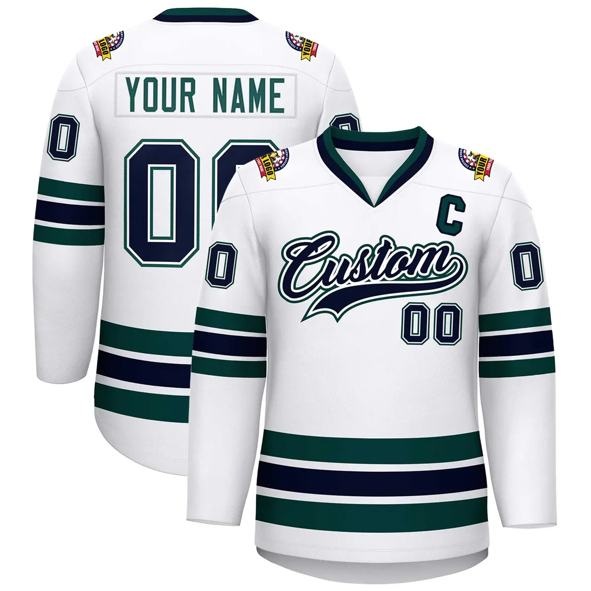 White Navy White-Midnight Green Classic Hockey Jersey