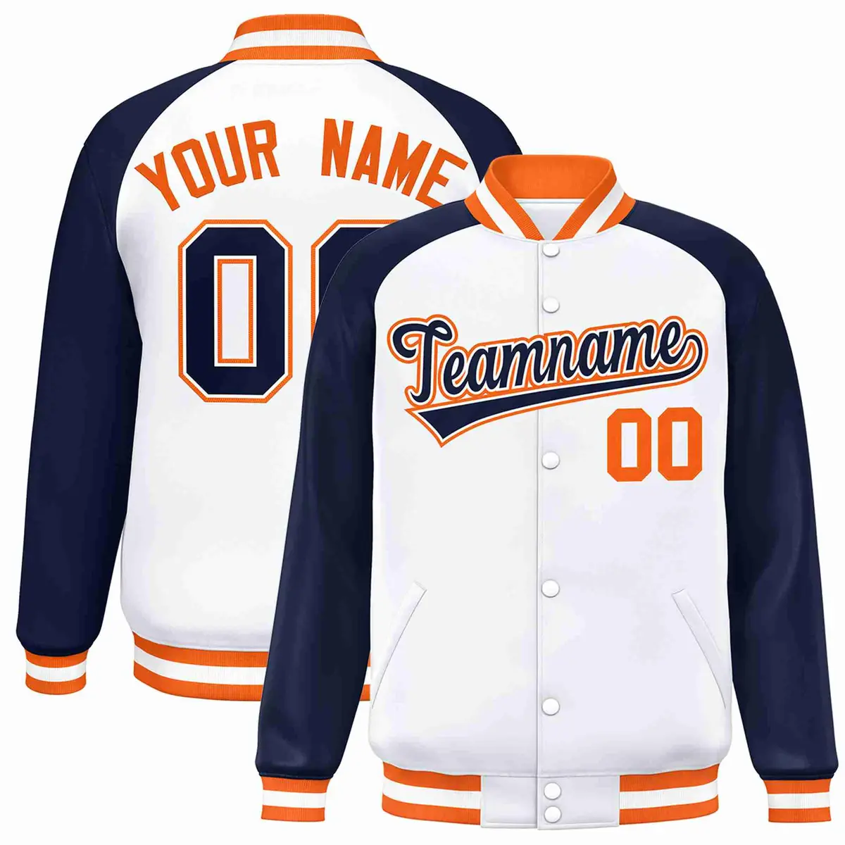 White Navy-White Raglan Varsity Full-Snap Letterman Jacket