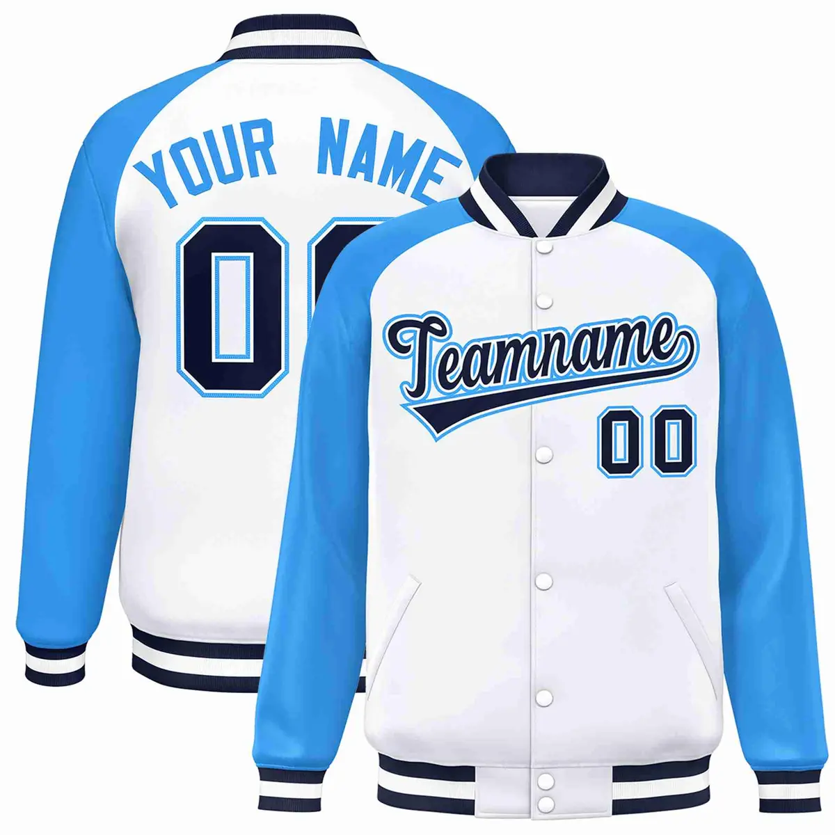 White Navy-White Raglan Varsity Full-Snap Letterman Jacket