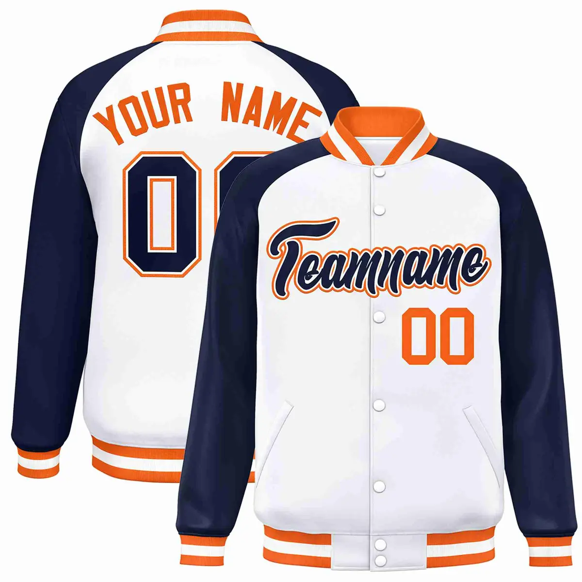 White Navy-White Raglan Varsity Full-Snap Letterman Jacket