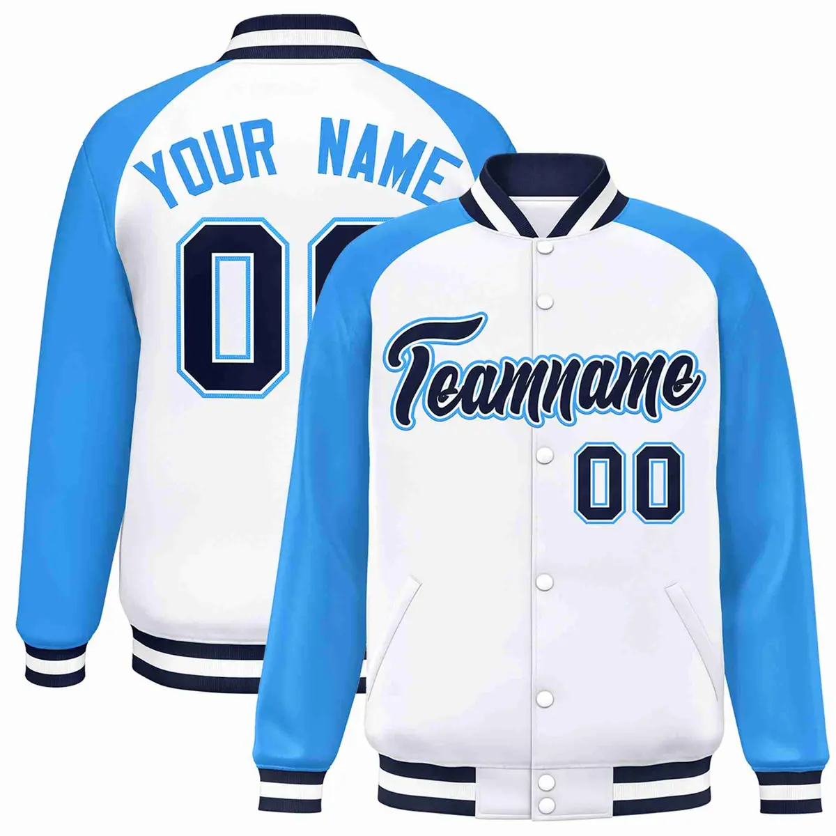 White Navy-White Raglan Varsity Full-Snap Letterman Jacket