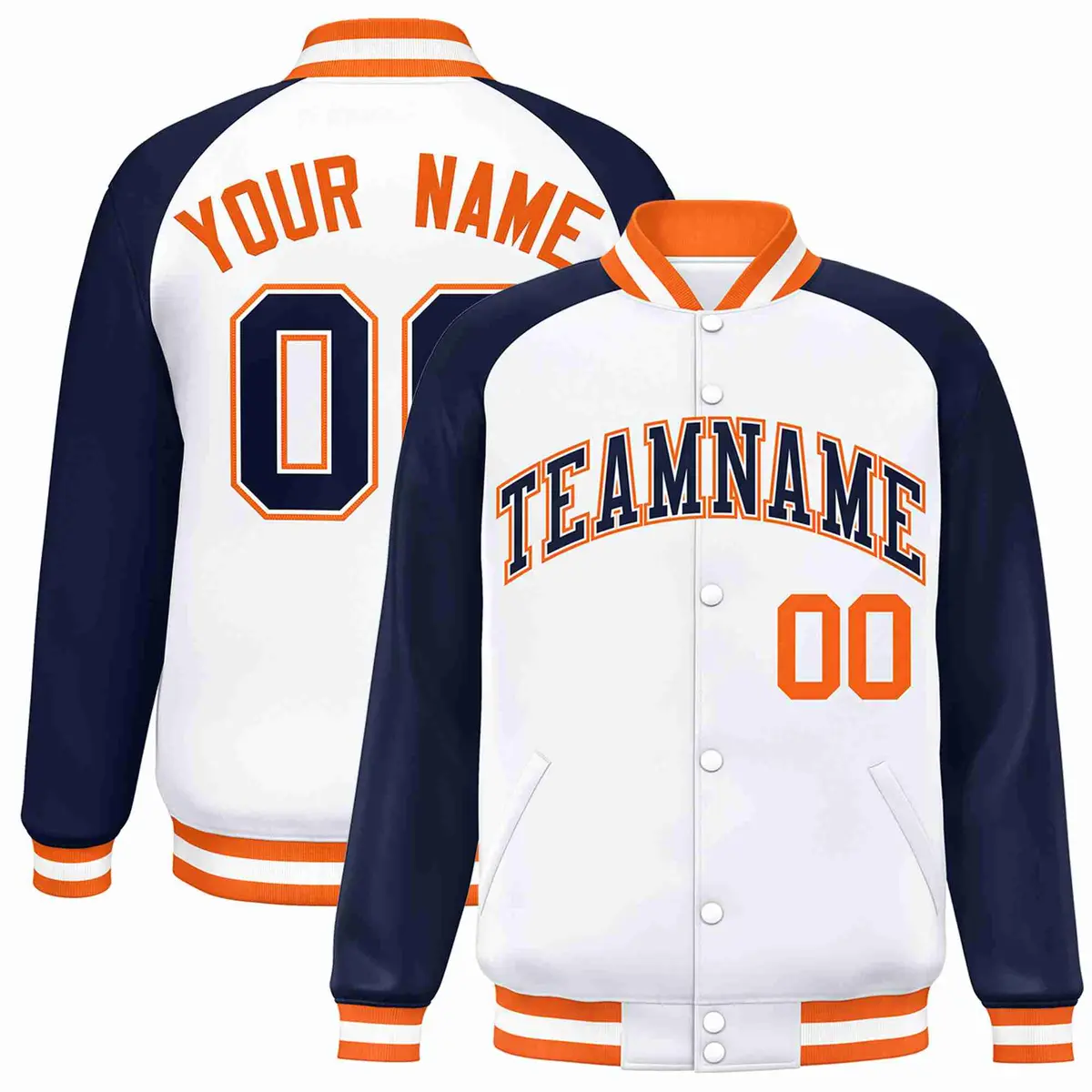 White Navy-White Raglan Varsity Full-Snap Letterman Jacket