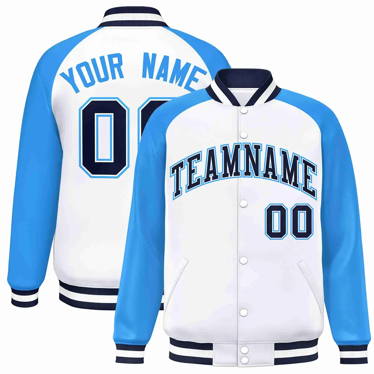 White Navy-White Raglan Varsity Full-Snap Letterman Jacket