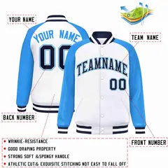 White Navy-White Raglan Varsity Full-Snap Letterman Jacket 2