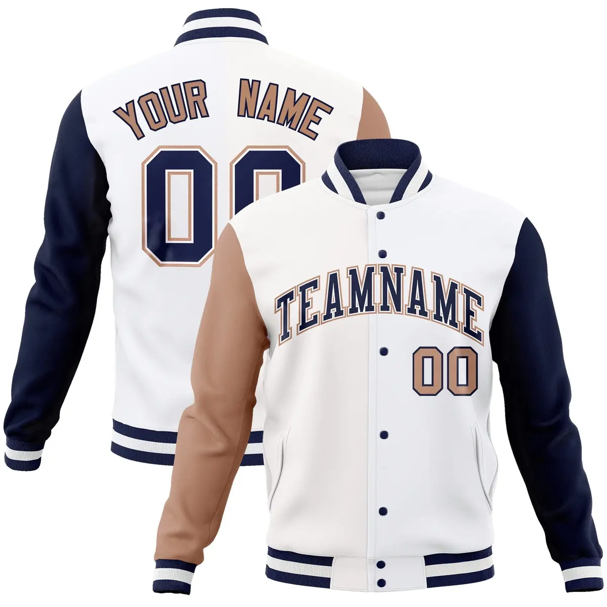 White Navy-White Raglan Varsity Full-Snap Letterman Jacket