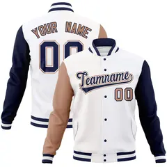 White Navy-White Raglan Varsity Full-Snap Letterman Jacket