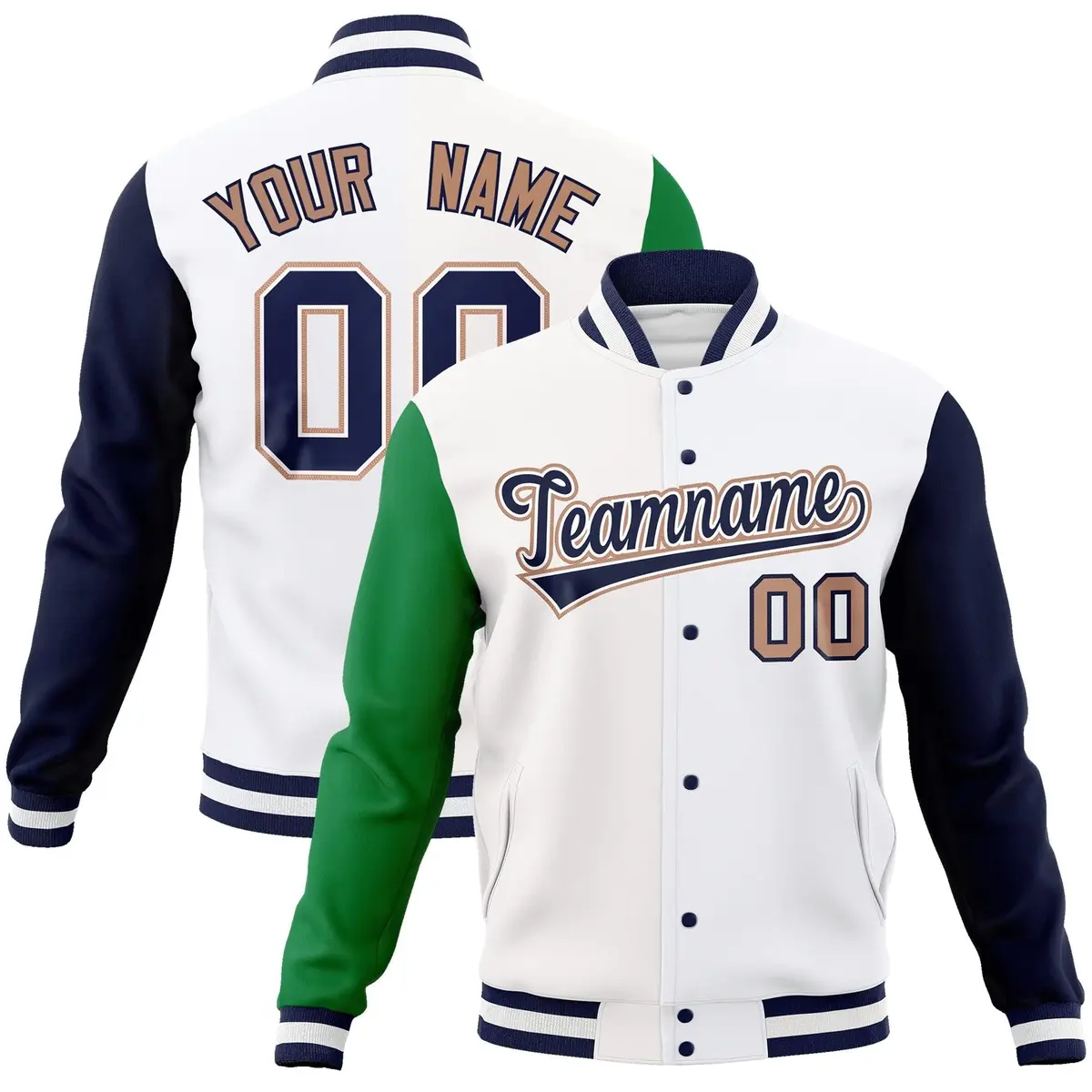 White Navy-White Raglan Varsity Full-Snap Letterman Jacket