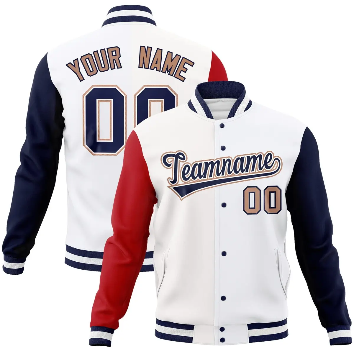 White Navy-White Raglan Varsity Full-Snap Letterman Jacket