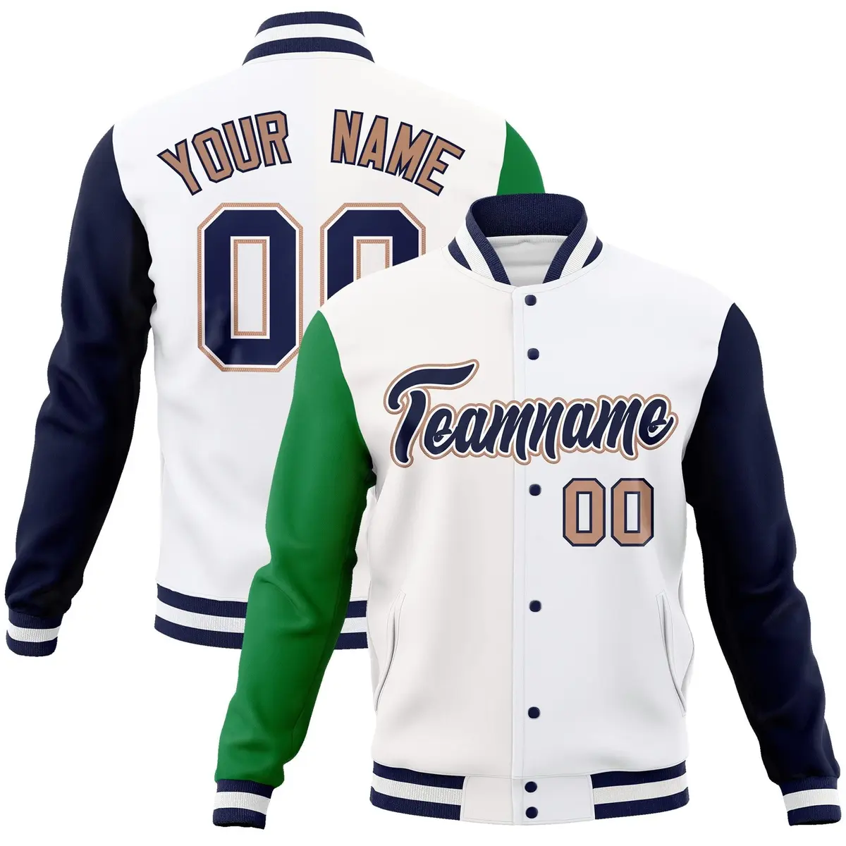 White Navy-White Raglan Varsity Full-Snap Letterman Jacket